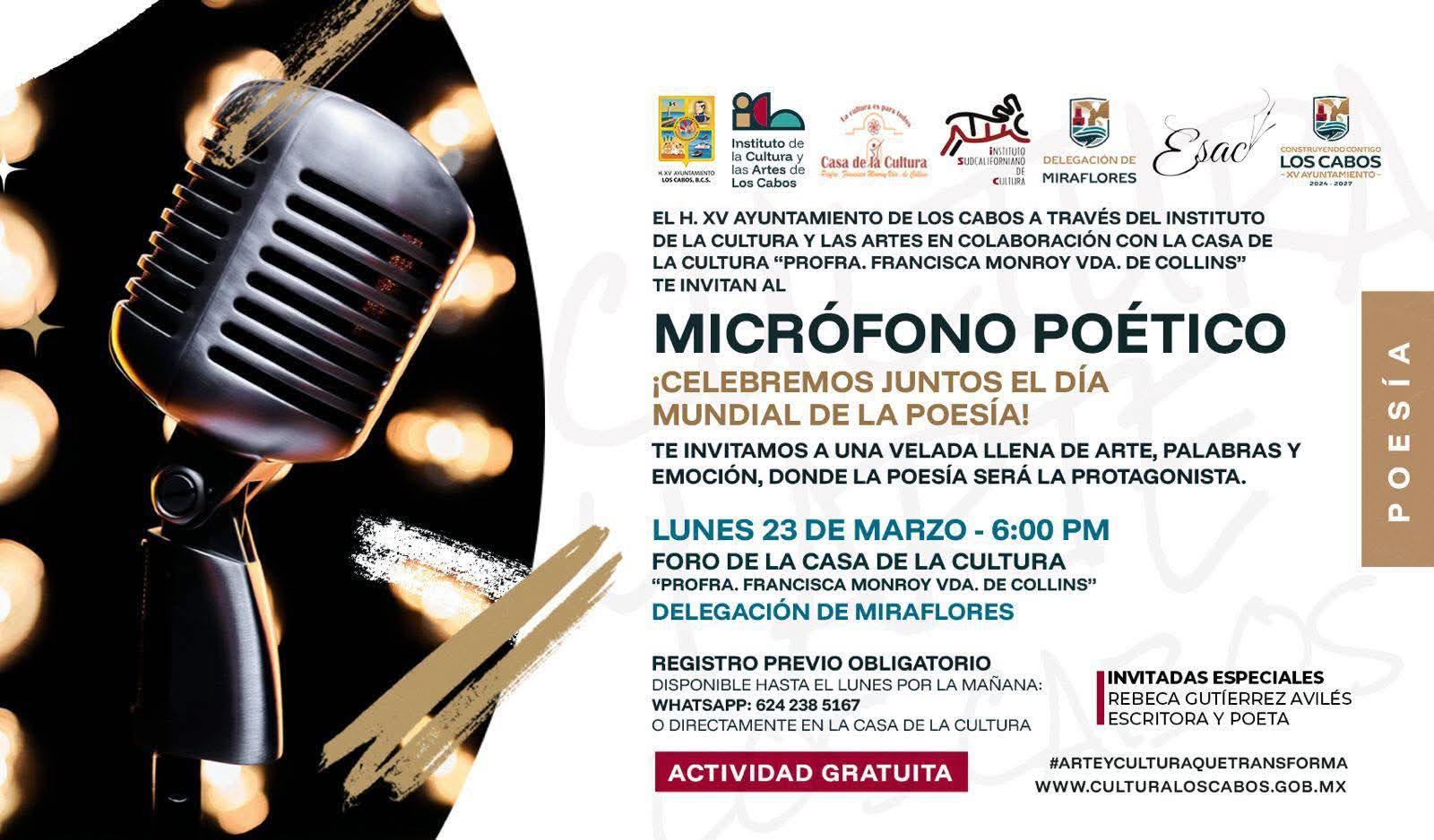 Invita Ayuntamiento de Los Cabos a “Micrófono Poético” en Miraflores por el Día Mundial de la Poesía